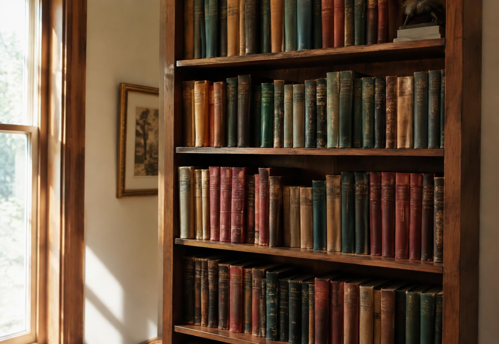 Shelves of old cloth-bound books in afternoon light